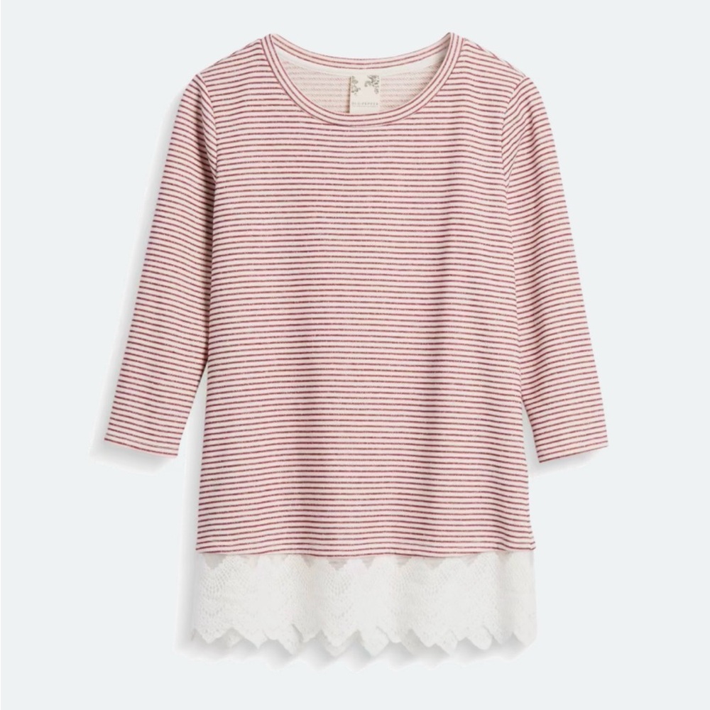 Blu Pepper Red Striped Lace Hem Sweater